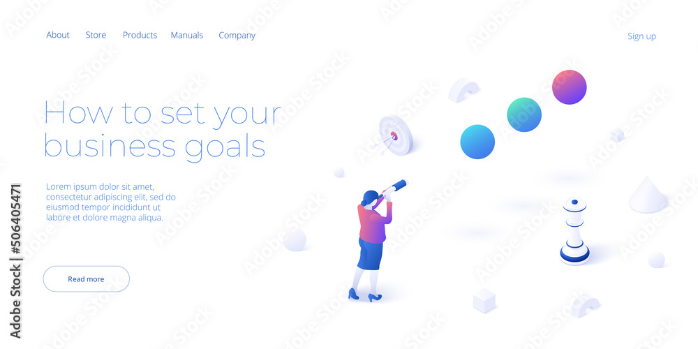 Business vision and mission vector illustration in isometric design. Strategy and corporate goal concept with abstract balls and businesswoman. Web banner layout. Business vision and mission vector illustration in isometric design. Strategy and corporate goal concept with abstract balls and businesswoman. Web banner layout.