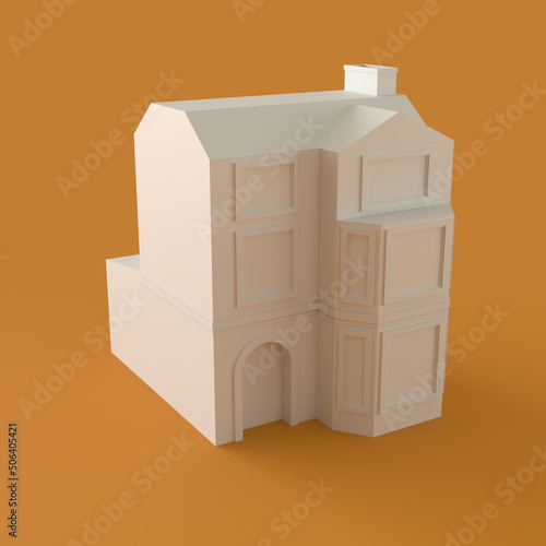 Monochrome House Model on Orange Background, 3d Rendering