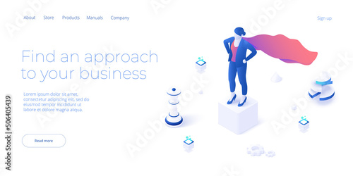 Business strength potential in isometric vector design concept. Powerful businesswoman striving and achieving corporate goal. Superhero motivation web banner layout