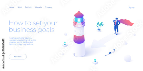 Business vision and mission vector illustration in isometric design. Strategy and corporate goal concept with lighthouse and running female. Web banner layout.