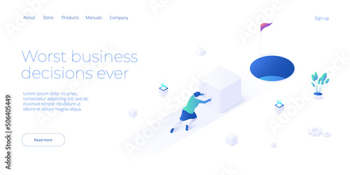 Making bad business decision. Vector illustration in isometric design. Mismatch strategy and corporate goal concept with strong businesswoman pushing load. Web banner layout. photo