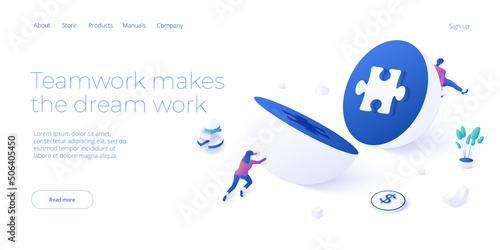 Businesswoman matching puzzle illustrtion in isometric vector design. Teamwork or right business decision concept. Web banner layout template