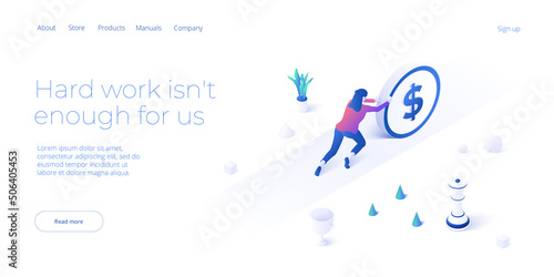 Business weight potential in isometric vector design concept. Powerful businesswoman striving and achieving corporate goal. Motivation web banner layout