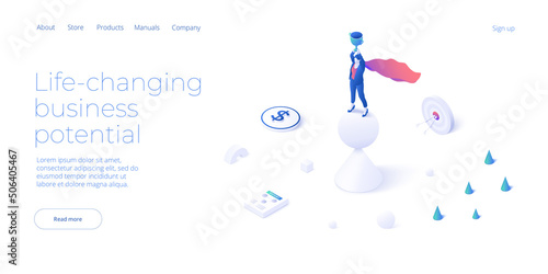 Business weight potential in isometric vector design concept. Powerful businesswoman striving and achieving corporate goal. Motivation web banner layout