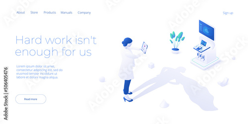 Female doctor superhero concept illustration in isometric vector design. Nurse hero as healthcare metaphor. Strong woman medic web banner layout.
