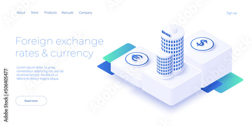 Currency exchange rates via offline bank. Online mobile banking application in isometric vector design. Money changing procedure