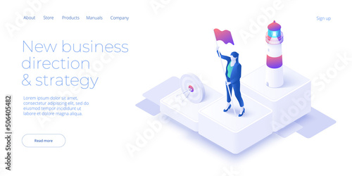 Business vision and mission vector illustration in isometric design. Strategy and corporate goal concept with lighthouse and running female. Web banner layout.