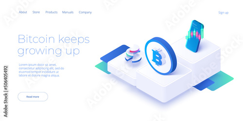 Cryptocoin mining farm layout. Cryptocurrency and blockchain network business isometric vector illustration. Crypto currency exchange or transaction process background.