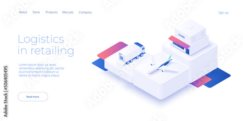 Online retail store transportation in isometric vector design. Shop delivery service and truck logistics concept. Market supply chain and shipment. Web banner layout template.
