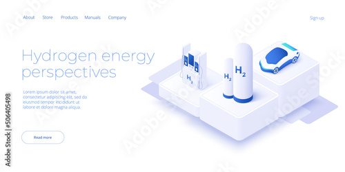 Green economy and renewable energy concept in isometric vector illustration. Hydrogen electric car and h2 fuel vehicle. Sustainable power plants for clean earth environment