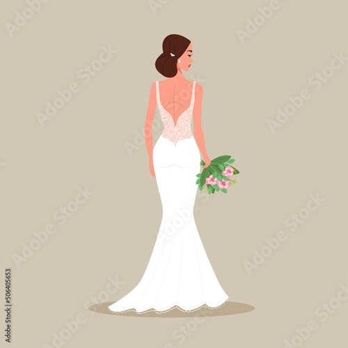 The bride in an evening dress with a bouquet in her hands. Vector illustration in flat cartoon style.