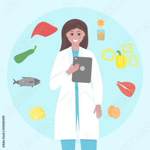 Nutritionist character. Concept for Nutrition therapy with healthy food. Weight loss program and diet plan. Vector illustration in flat style.