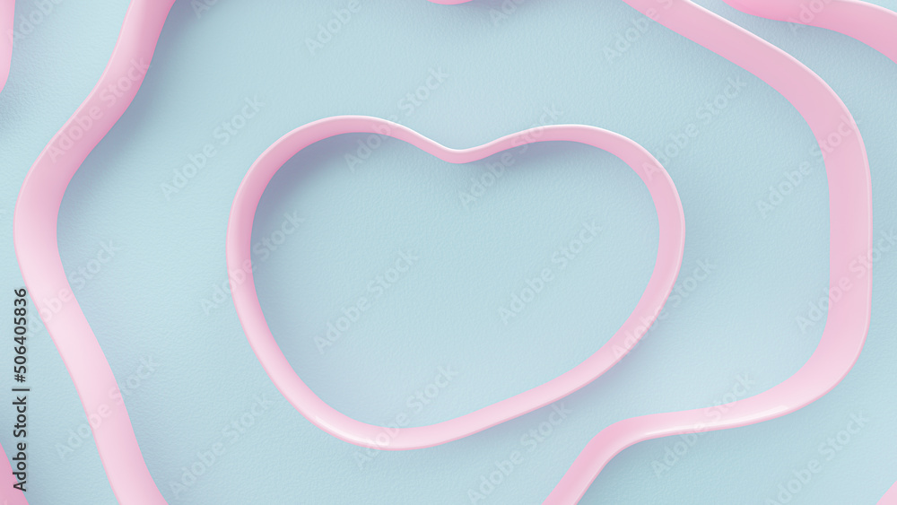Pink heart shape frame that looks like ribbon on blue background. minimal idea concept, 3D Render.