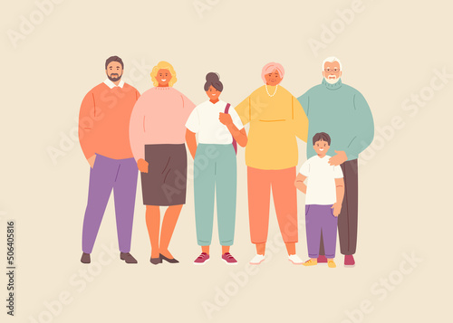 Happy family of different generations together. Parents and children, family day. Vector illustration