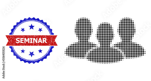 Halftone auditory icon, and bicolor unclean Seminar watermark. Halftone auditory icon is generated with small circle items. Vector watermark with retro bicolored style,