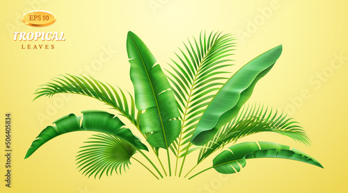 Bush of 3D realistic tropical leaves, vibrant hawaiian foliage on yellow background. Vector coconut leaf greenery, rainforest exotic foliage illustration. Branches of palm trees, holiday vacation