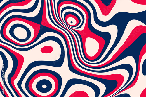 Red and dark blue abstract stains texture design. Modern optical illusion art. Fluidly striped spots background for poster, flyer, fabric print, and presentation