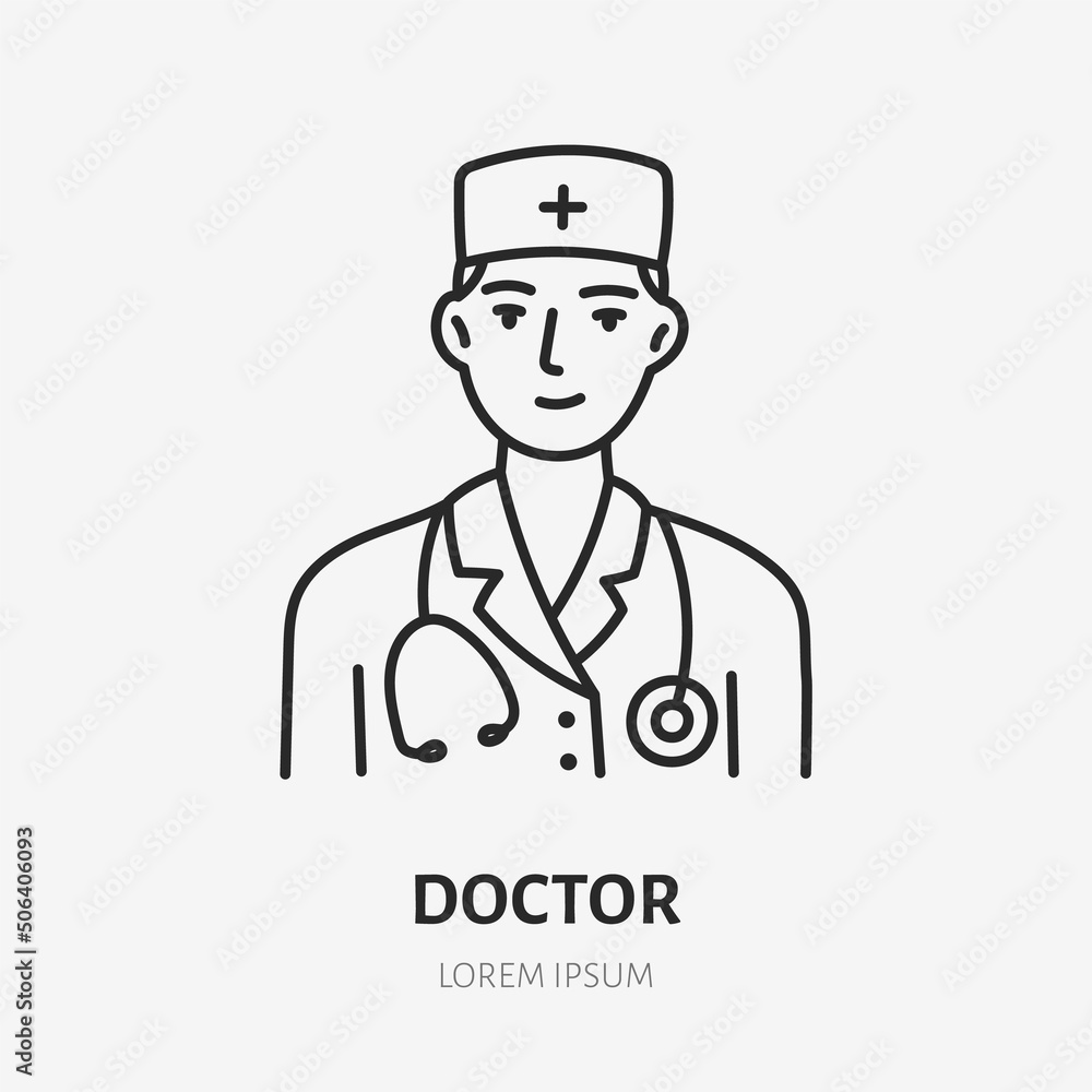 Doctor doodle line icon. Vector thin outline illustration of medic with stethoscope. Black color linear sign for hospital professional