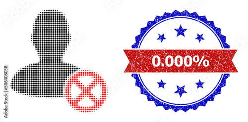Halftone reject user icon, and bicolor textured 0.000% seal stamp. Halftone reject user icon is generated with small circle elements. Vector seal with distress bicolored style, 0.