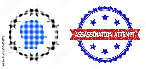 Halftone citizen jail icon, and bicolor scratched Assassination Attempt seal. Halftone citizen jail icon is generated with small circle elements. Vector seal with retro bicolored style,