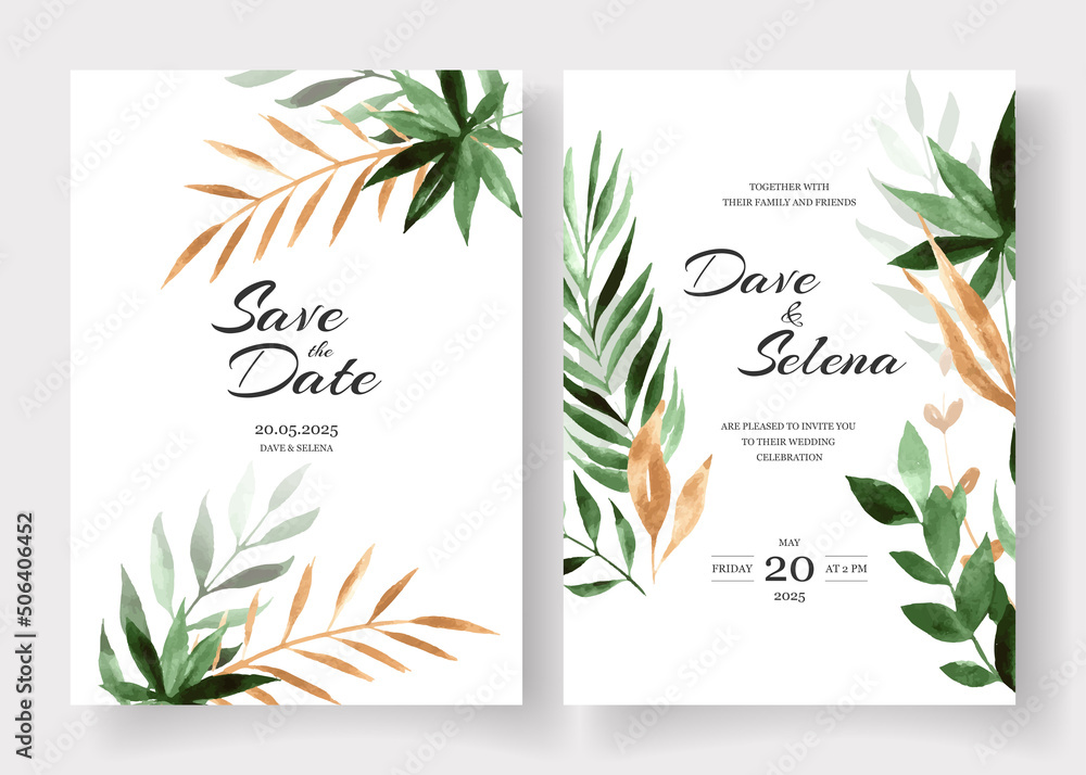 Wedding card templates with Gold green watercolor leaves bouquet