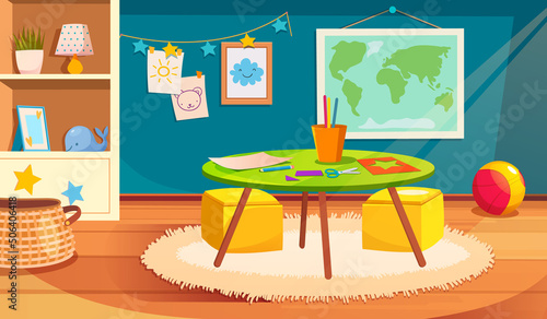 Cozy children's room with furniture and kid toys. Child room for playing, activity and learning, vector illustration