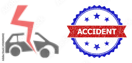 Halftone car accident icon, and bicolor scratched Accident seal. Halftone car accident icon is made with small round items. Vector seal with unclean bicolored style,