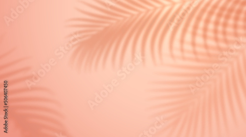 Realistic shadow from leaf of palm tree on orange background. Tropical leaves shadow. Mockup with palm leaves silhouette. Vector illustration backdrop with exotic leafage of fern plant, overshadow