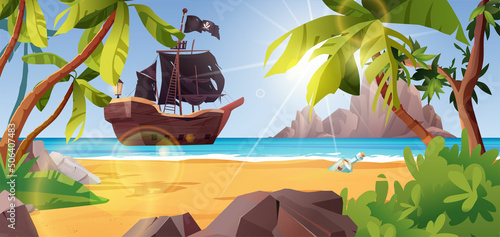 Pirate ship near the island. Palm trees, stones, sea or ocean, bushes and rocks. Cartoon vector illustration for 2d game.