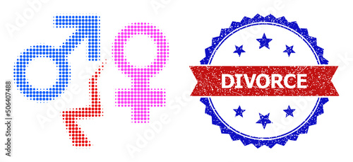 Halftone divorce icon, and bicolor unclean Divorce seal stamp. Halftone divorce icon is designed with small spheric pixels. Vector seal with unclean bicolored style,