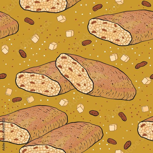 Pattern with Viennese apple strudel and raisins. Baking illustration