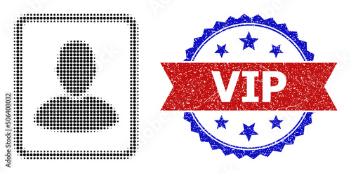 Halftone man portrait icon, and bicolor grunge Vip seal. Halftone man portrait icon is generated with small circle dots. Vector watermark with grunge bicolored style,