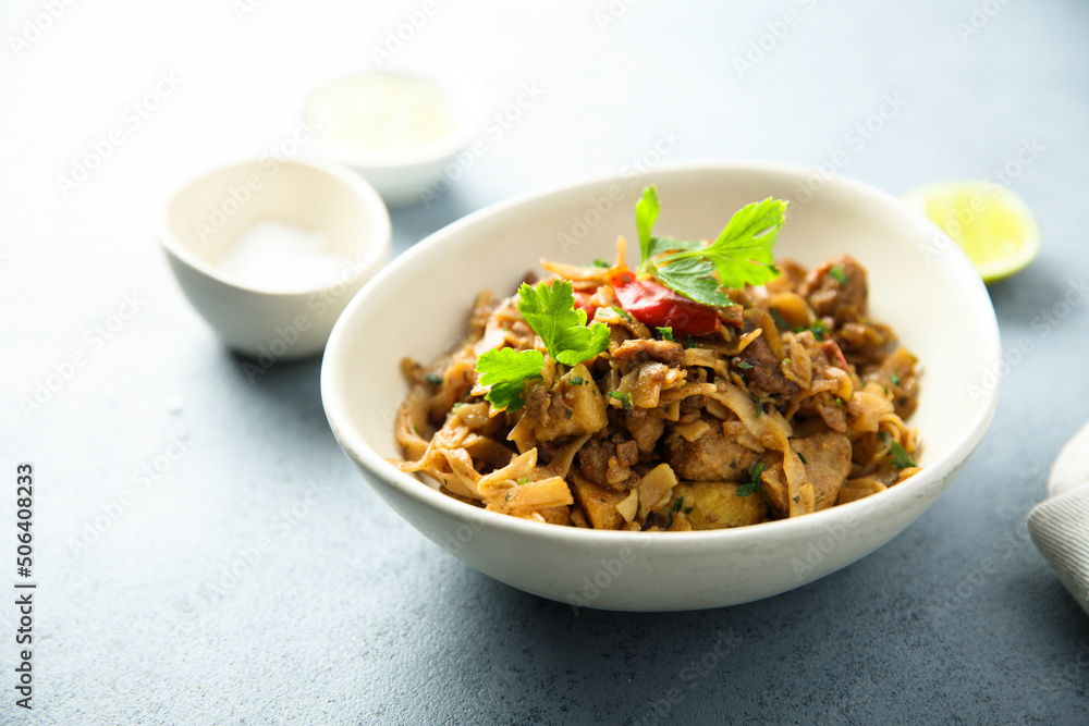Wok noodles with chili and soy meat Wok noodles with chili and soy meat