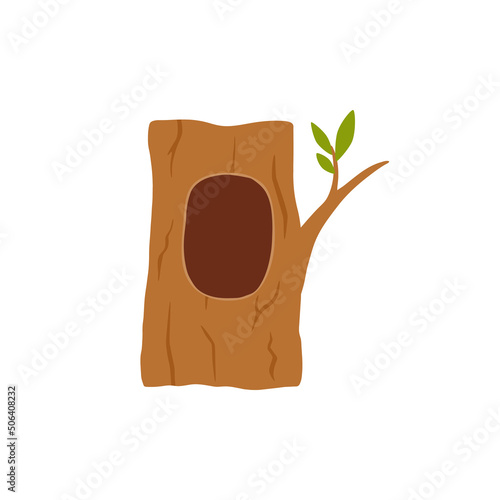 Tree hollow with branch and green leaves, flat vector illustration isolated on white background.