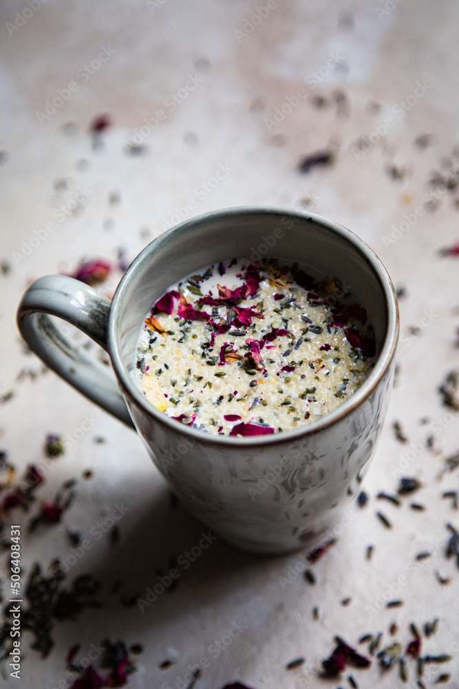 Moon milk with flowers and hemp seeds Moon milk with flowers and hemp seeds