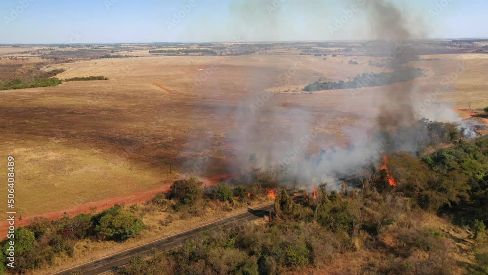 Aerial view of bush fire beside highway, fire, bush, danger Aerial view of bush fire beside highway, fire, bush, danger