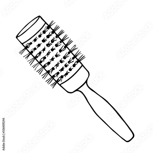 Round hair brush for hot curling isolated on white. Barber comb outline doodle sketch. Vector icon of professional hairdresser tool for hairdressing salon or barbershop concept.