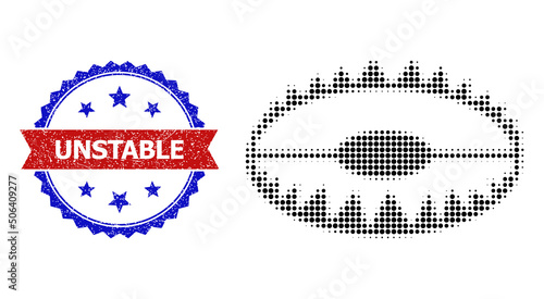 Halftone trap icon, and bicolor textured Unstable watermark. Halftone trap icon is designed with small spheric elements. Vector watermark with retro bicolored style,
