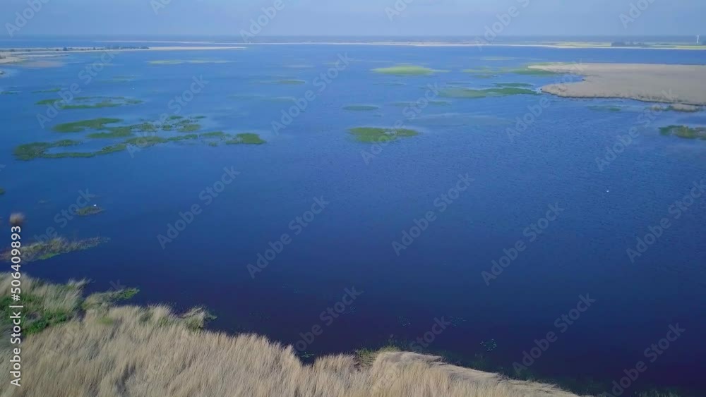Aerial view of the lake overgrown with brown reeds and blue water, lake Liepaja, Latvia, sunny day, calm weather, wide angle drone shot moving forward Aerial view of the lake overgrown with brown reeds and blue water, lake Liepaja, Latvia, sunny day, calm weather, wide angle drone shot moving forward