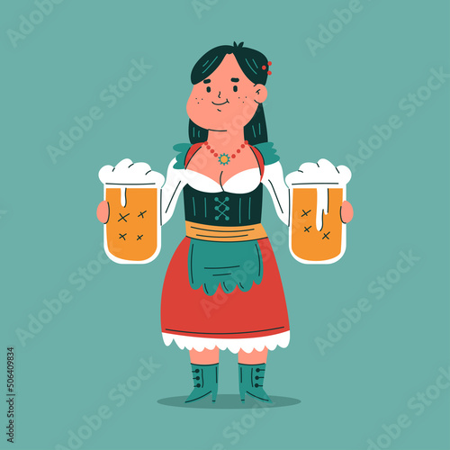 German woman with big beer mugs vector cartoon character isolated on background.