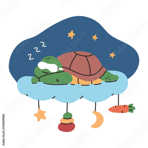 Cute sleeping turtle on cloud vector cartoon illustration isolated on a white background.