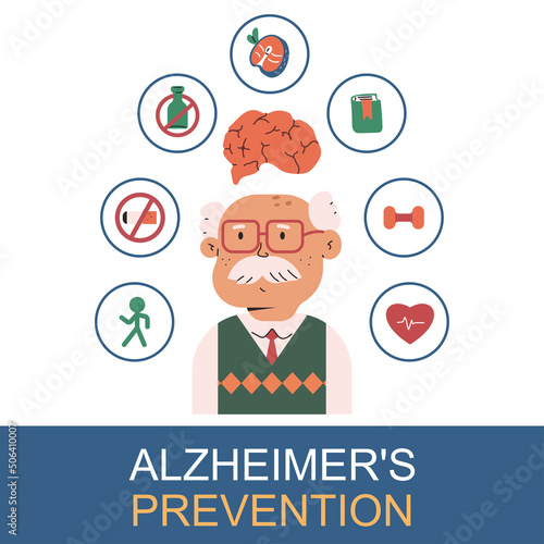 Alzheimer prevention vector cartoon medical poster with old senior.
