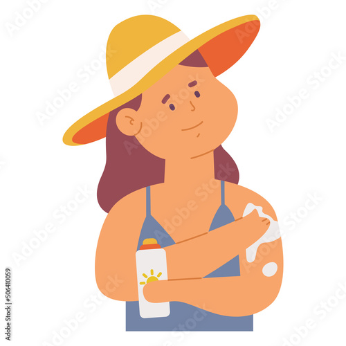 Cute woman in sunhat applying sunscreen vector cartoon character isolated on a white background.