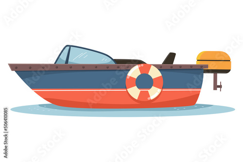 Powerboat with lifebuoy vector cartoon illustration isolated on a white background. photo