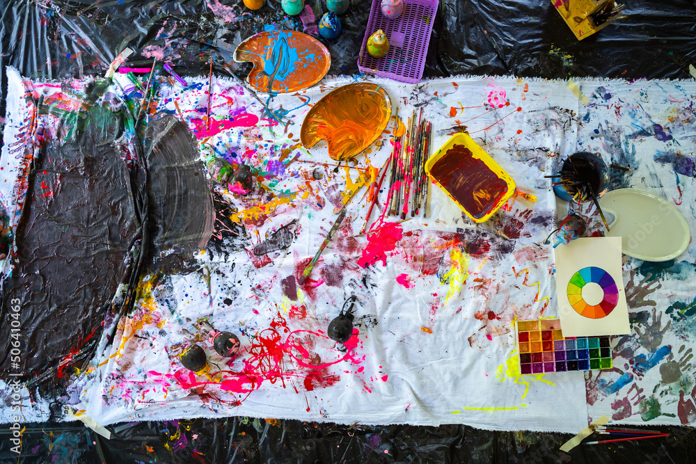 Fototapeta premium Various colors on a white background from children's coloring, children's art full of imagination. art from young children