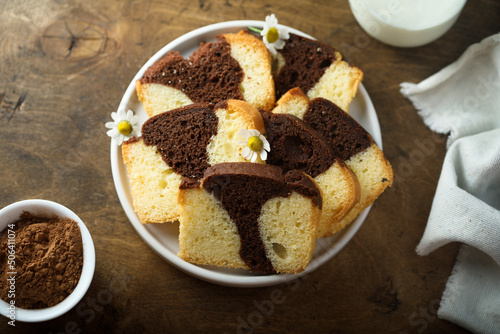 Homemade vanilla chocolate marbled cake on a plate