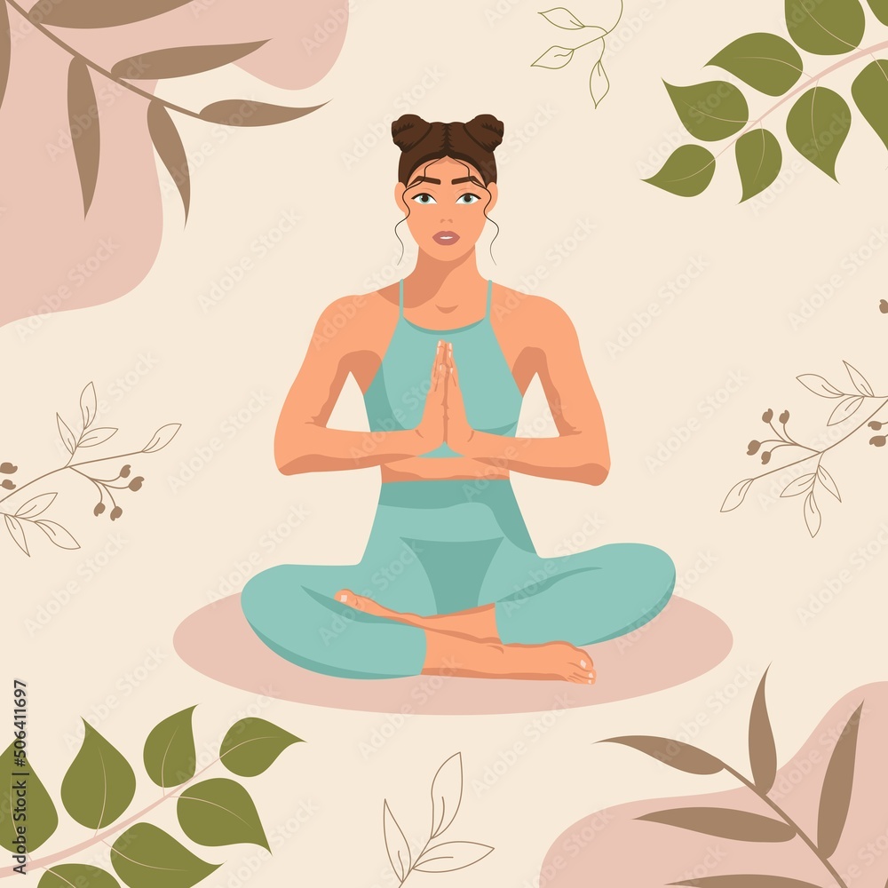 Yoga. Woman meditate in lotus position. Vector illustration.