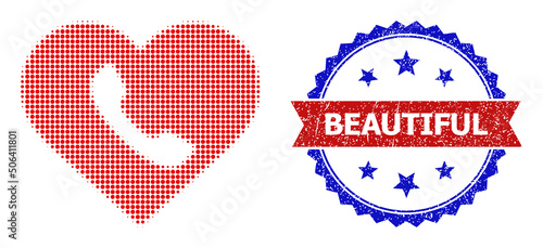 Halftone love call icon, and bicolor dirty Beautiful watermark. Halftone love call icon is constructed with small circle points. Vector watermark with grunge bicolored style,