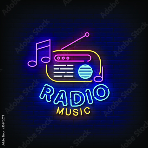 Radio Music Neon Sign On Brick Wall Background Vector