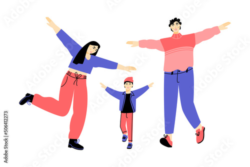 Happy traditional family with father, mother and child. Parents and their kid playing and having fun together. Vector flat illustration on a white background